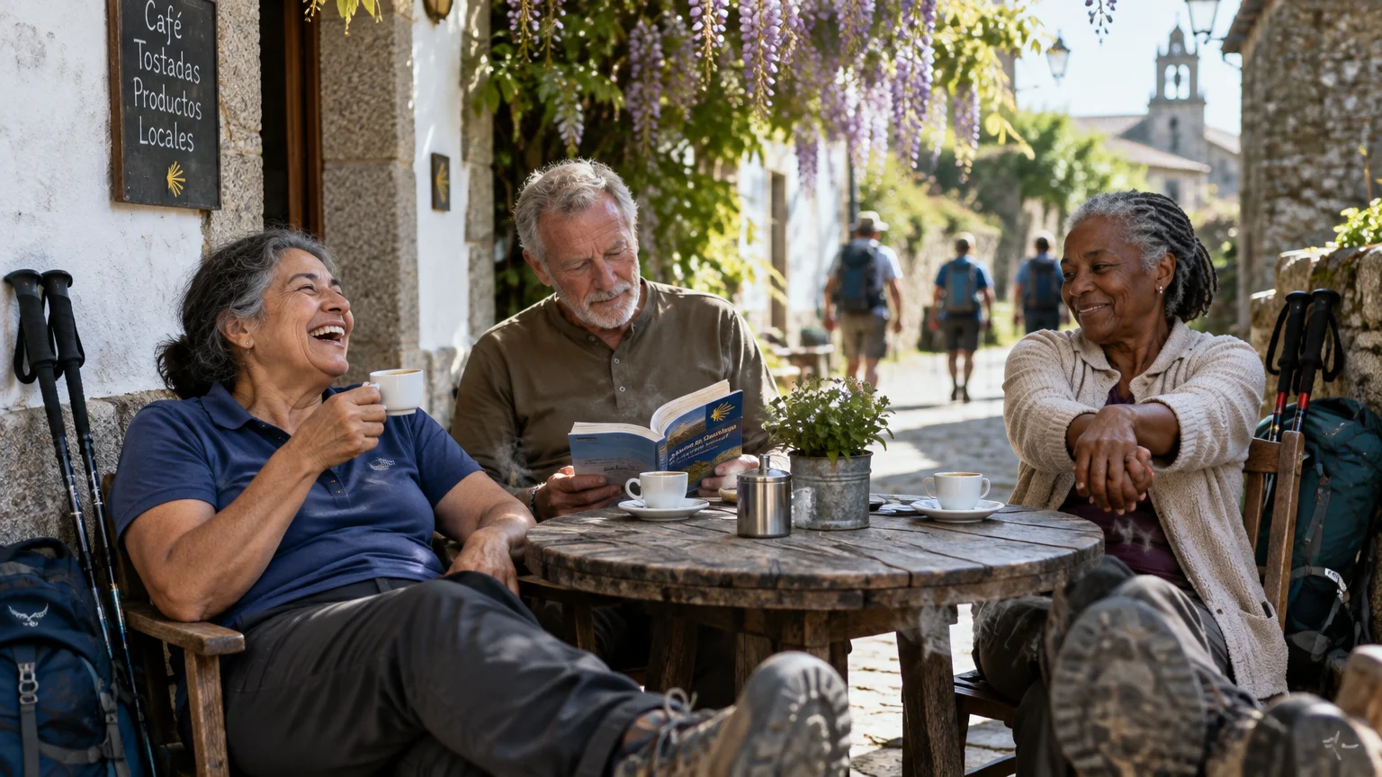 Three older hikers relax with coffee at a rustic outdoor cafe table along a cobblestone village path.