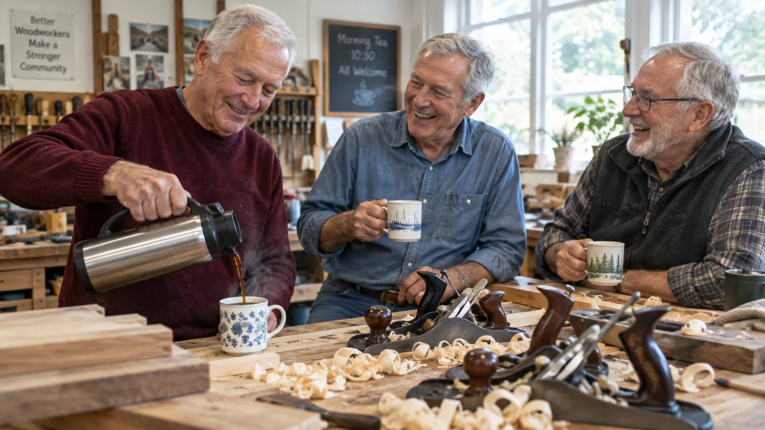 Three senior men smiling and sharing coffee at a woodworking workbench covered with hand planes and wood shavings.