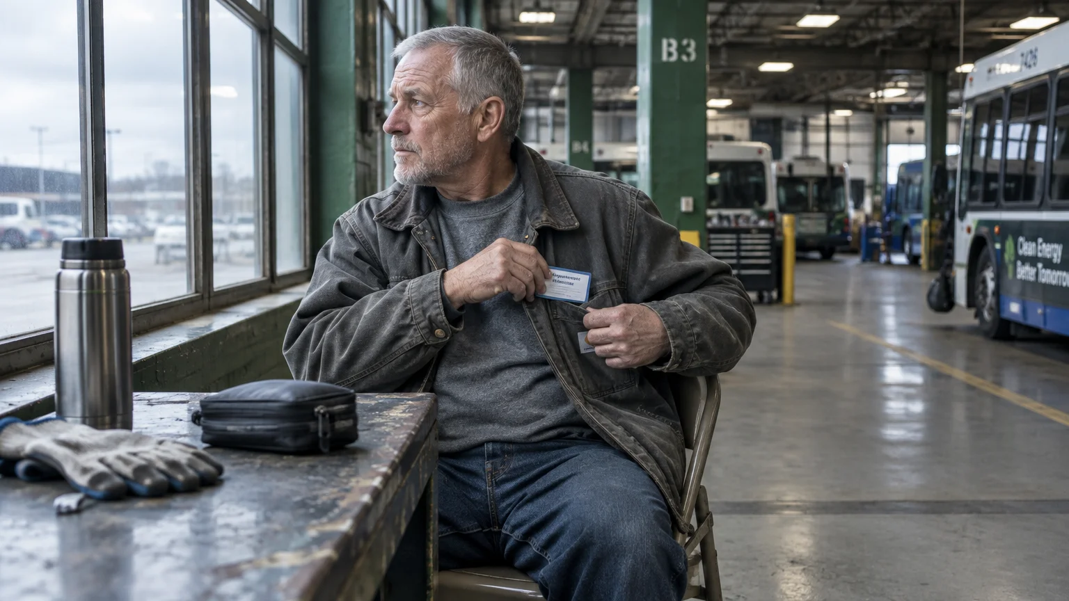 Older man sitting by a window in a bus garage, placing an ID badge into his jacket pocket.