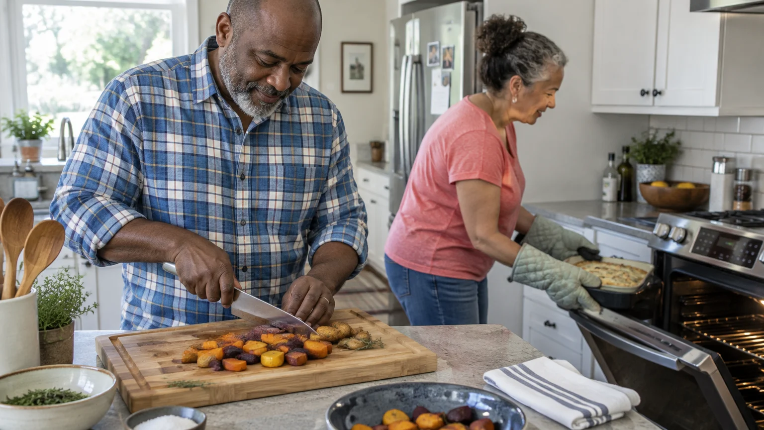 A man slices roasted vegetables on a cutting board while a woman removes a baked dish from the kitchen oven.