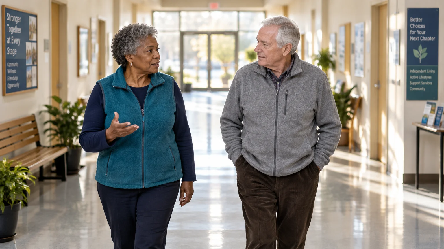 An older woman and man in casual jackets converse while walking down a well-lit senior living facility hallway.