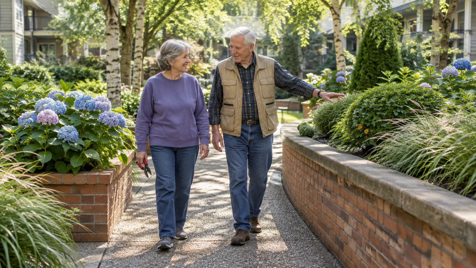 Older man and woman walking along a stone garden path lined with brick planters and blooming hydrangeas outside residences.