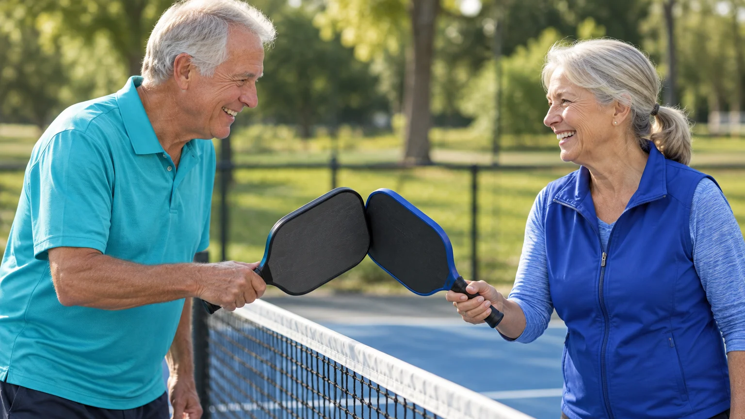 Smiling senior man and woman tapping pickleball paddles together over a net on an outdoor court.