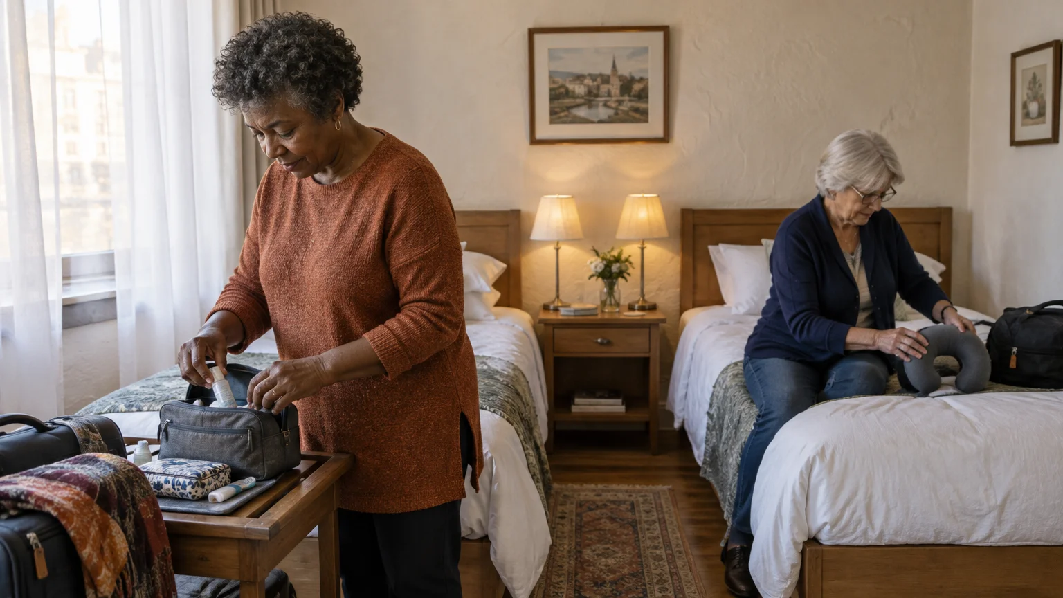 Two senior women unpacking their travel bags in a shared hotel room with two separate twin beds.