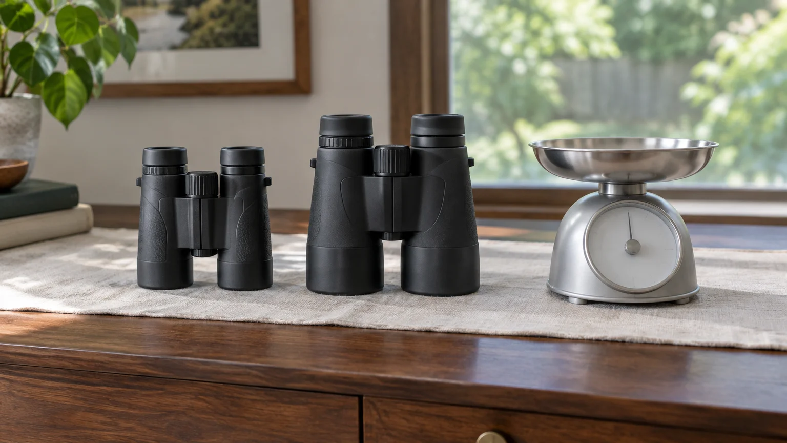 Two pairs of black binoculars in different sizes sit on a wooden table beside a silver kitchen scale.