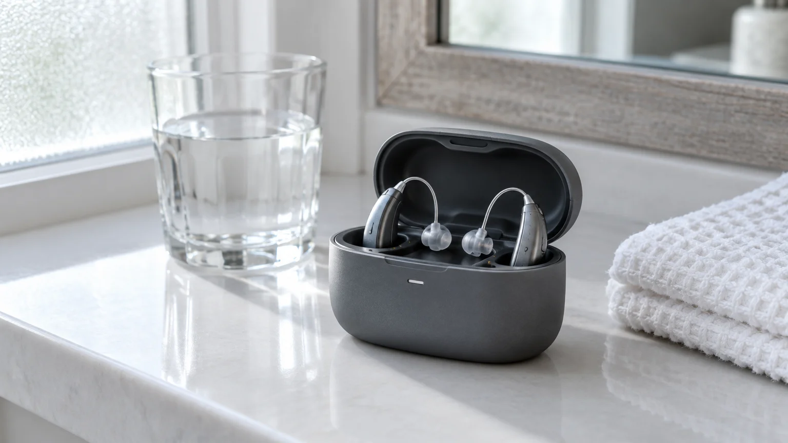A pair of hearing aids resting in an open charging case on a bathroom counter next to a glass of water and folded towel.