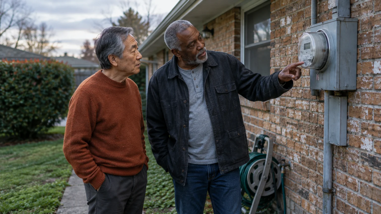 Two older men stand outside a brick house looking at an electric meter mounted on the exterior wall.