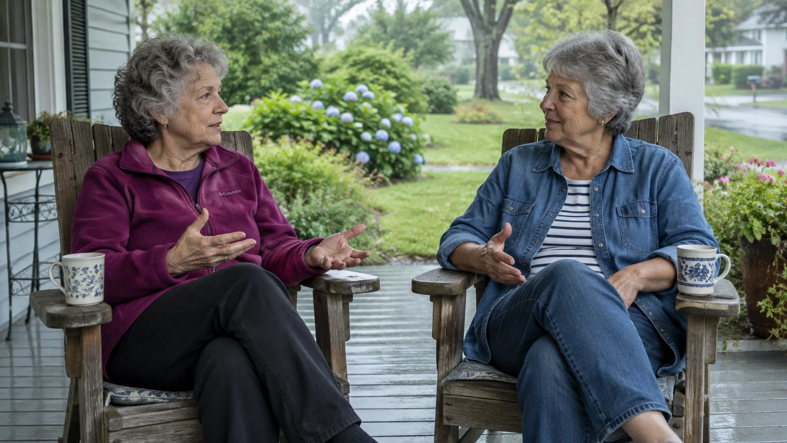 Two older women talking together in wooden chairs on a covered porch with coffee mugs and a rainy garden background.