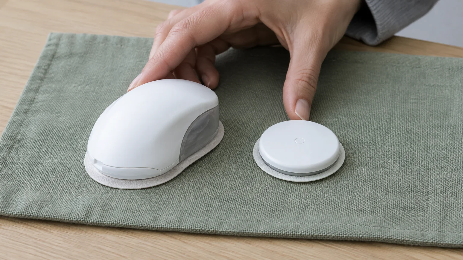 A person's hand resting beside two white continuous glucose monitor sensors on a green placemat.
