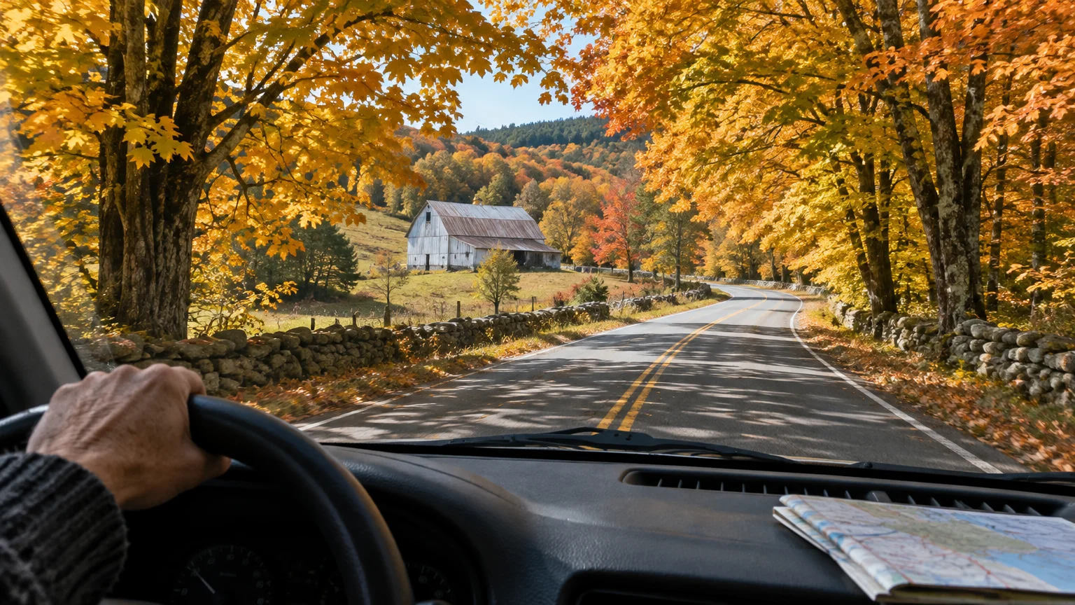 View from behind a steering wheel overlooking a rural road lined with golden autumn trees and an old white barn.