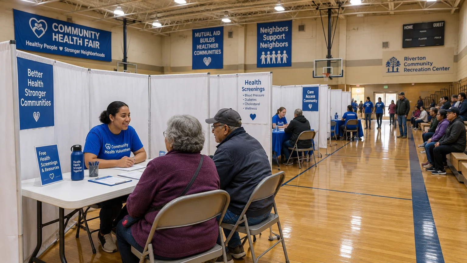 A volunteer in a blue shirt assists an older couple at a screening booth inside a community health fair gymnasium.