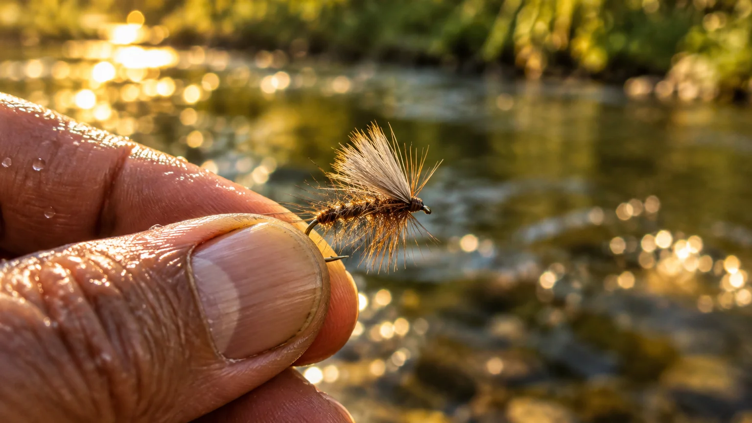 Close-up of a person's thumb holding a feathered dry fly hook against sunlit river water.