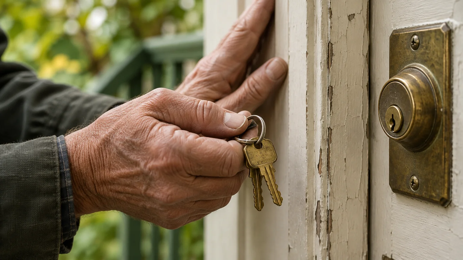 Close-up of an older person's wrinkled hands holding brass keys near a lock on a weathered door.