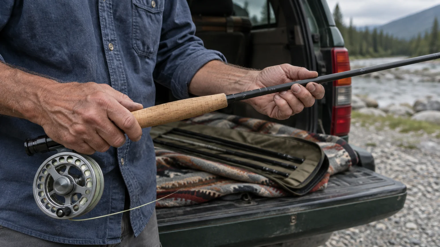 A man holding a fly rod with an attached reel while standing at the open tailgate of a vehicle near a river.