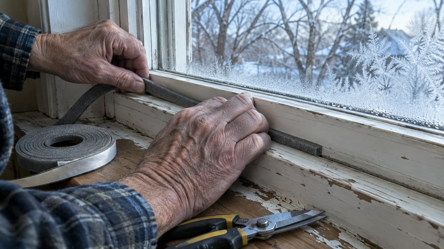 Hands applying gray foam weatherstripping tape along a frosty wooden window frame beside a pair of shears.