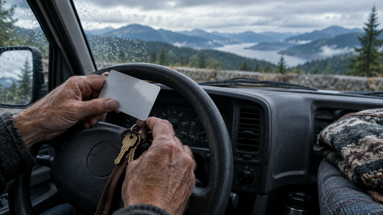 Close-up of hands on a vehicle steering wheel holding a blank white card, overlooking distant mountains and a lake.