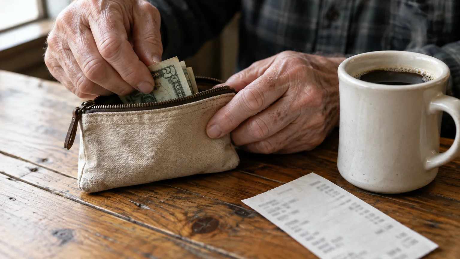 Close-up of an older person's hands taking cash from a small canvas pouch on a rustic table beside coffee and a receipt.