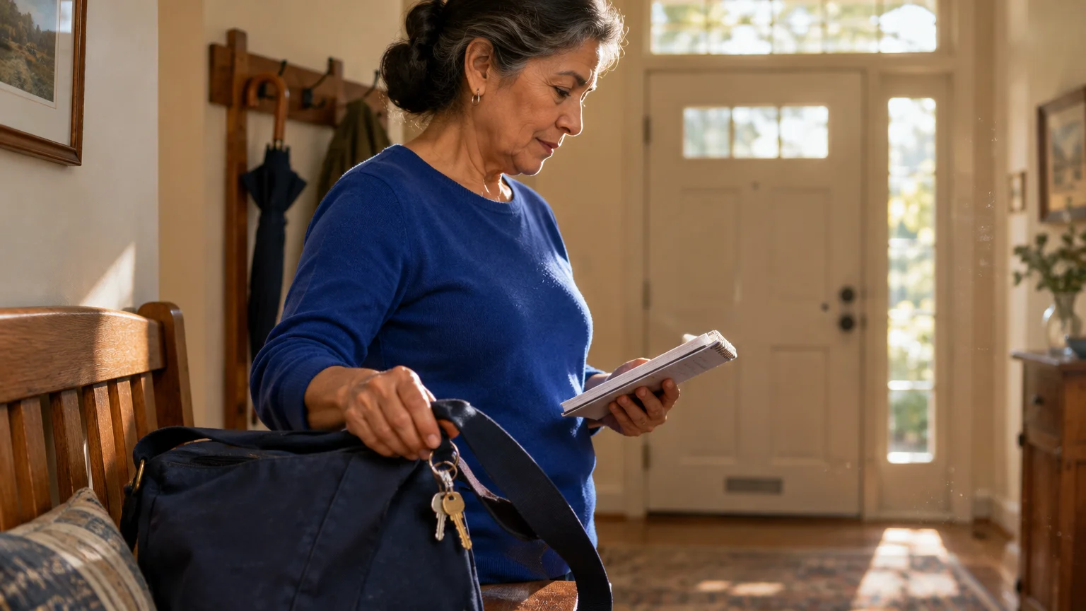 A woman in a blue sweater standing in a sunlit foyer holding a notepad beside a shoulder bag.