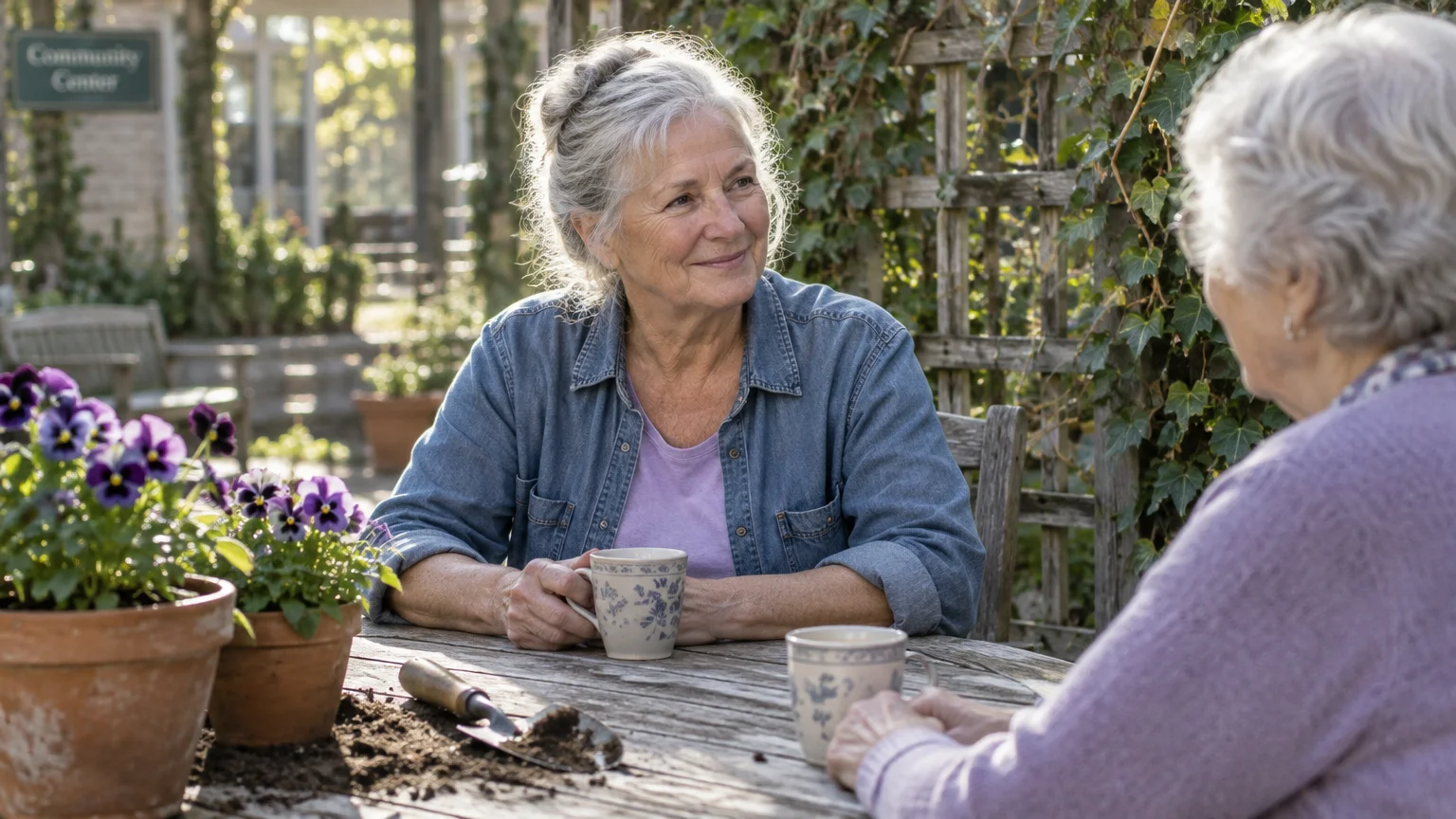 Two senior women sit outdoors at a wooden table with potted flowers, gardening tools, and coffee mugs.
