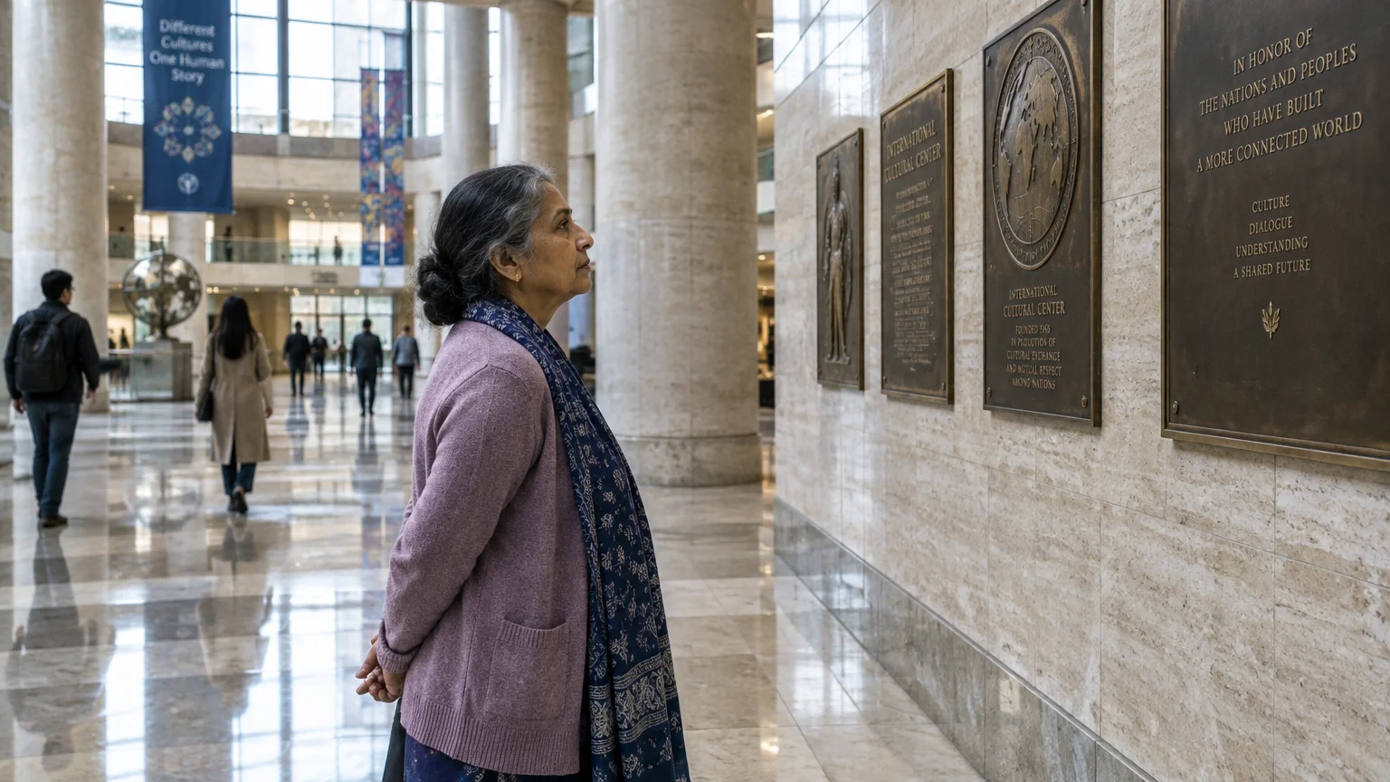 Woman in a cardigan standing in a marble hall and looking at bronze plaques mounted along an interior wall.