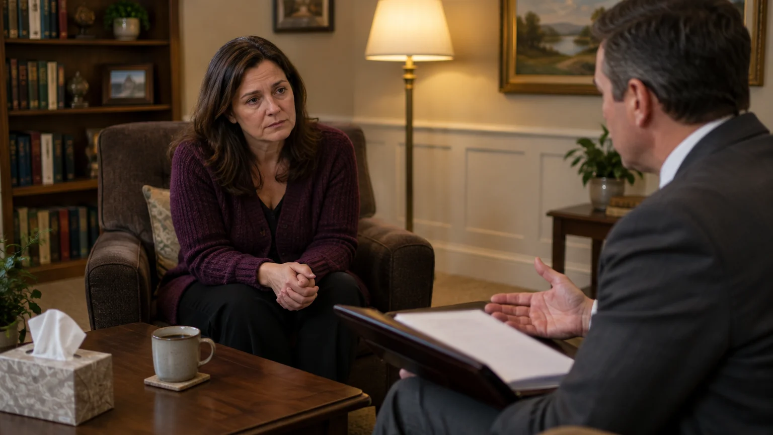 A somber woman listens as a man in a suit holding a binder speaks to her in an office setting.