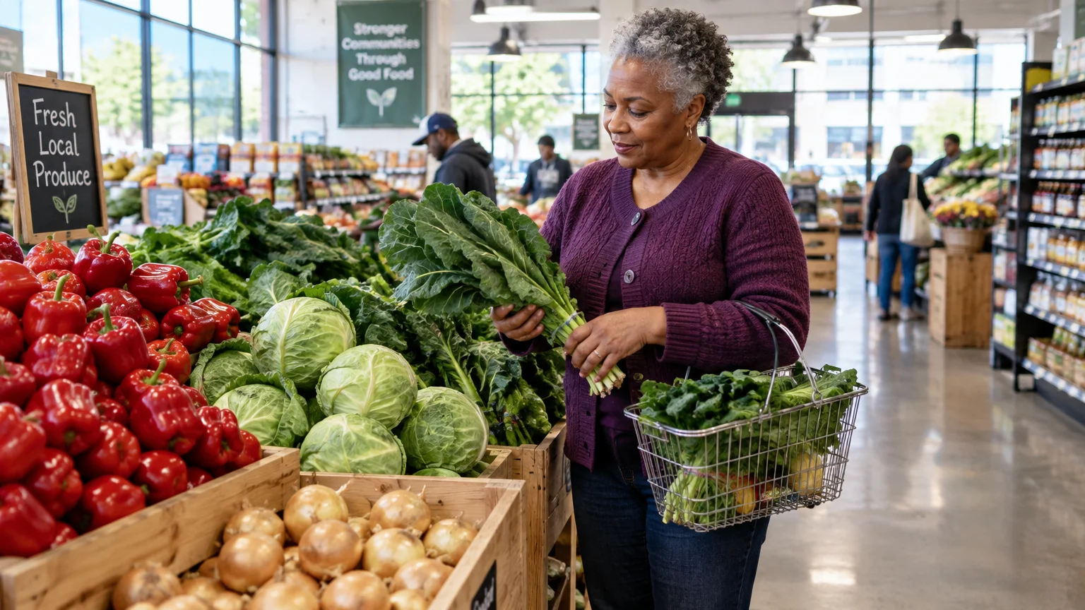 A senior woman selects fresh leafy greens in a grocery produce aisle while holding a wire shopping basket.