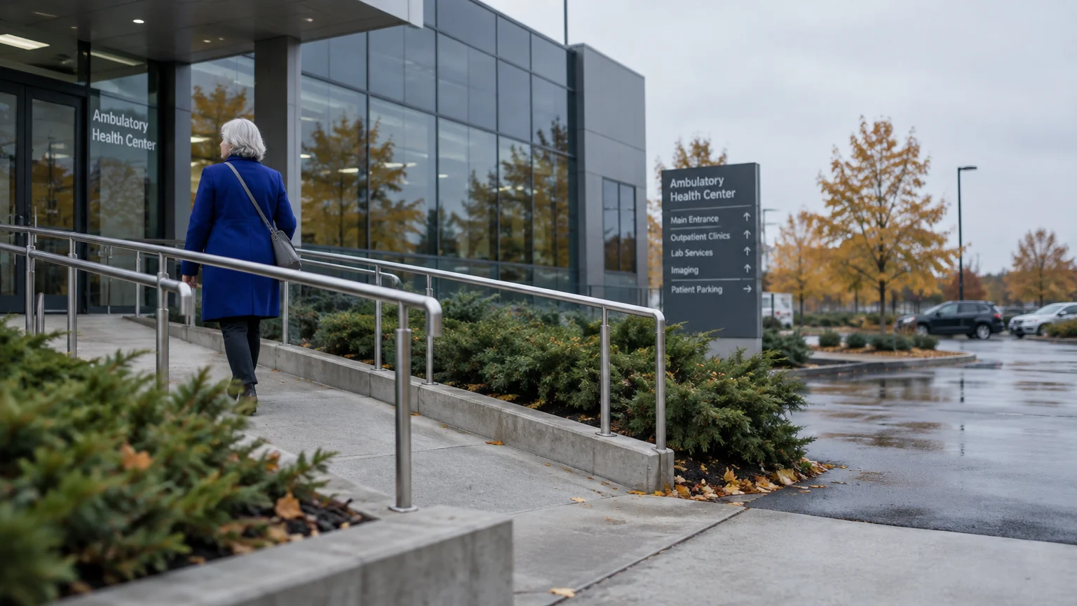 A woman in a blue coat walks up an entrance ramp toward an ambulatory health center on an overcast day.