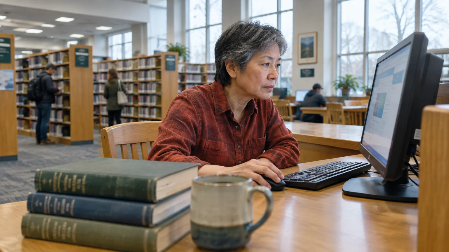 Older woman using a desktop computer at a wooden library desk with stacked books and a mug.