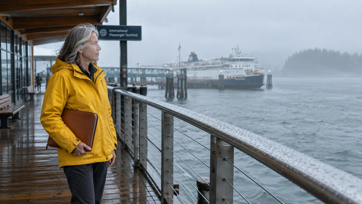 Woman in a yellow raincoat holding a folder on a wet terminal pier, watching a ferry in misty water.