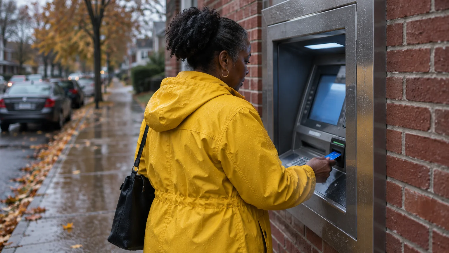 A woman in a yellow raincoat inserts a blue card into an outdoor ATM set in a brick wall on a rainy day.