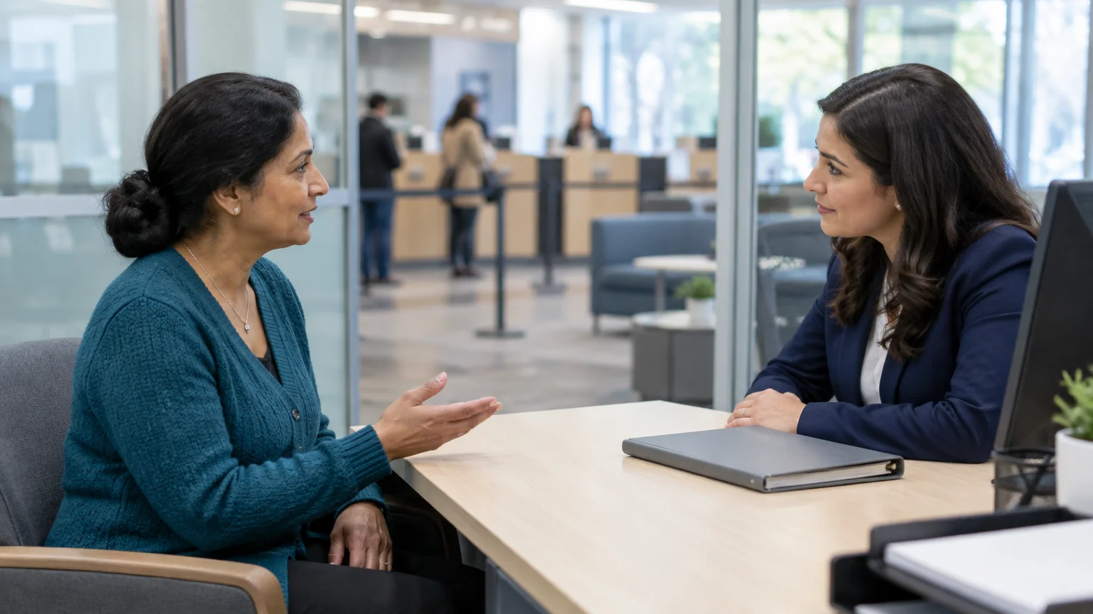 A woman speaks with a bank manager seated across a desk in a brightly lit modern bank branch office.