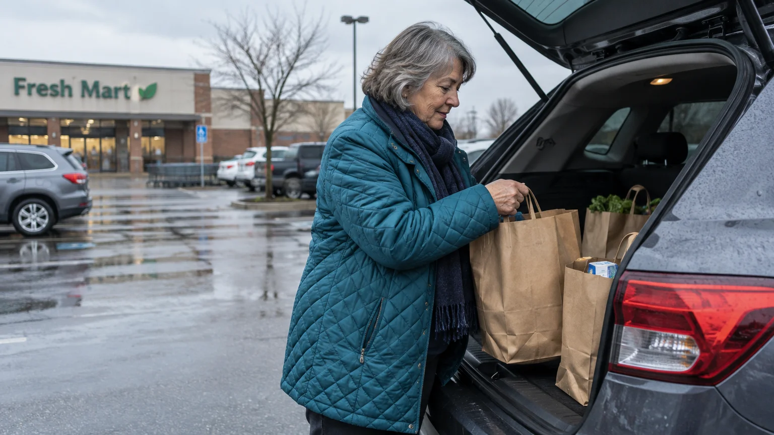Older woman in a teal jacket loading brown paper grocery bags into the open trunk of an SUV in a store parking lot.