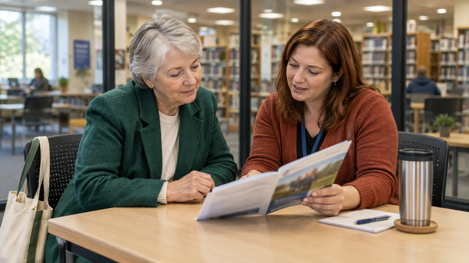 Two women sitting at a wooden table in a library, looking together at an open printed booklet.